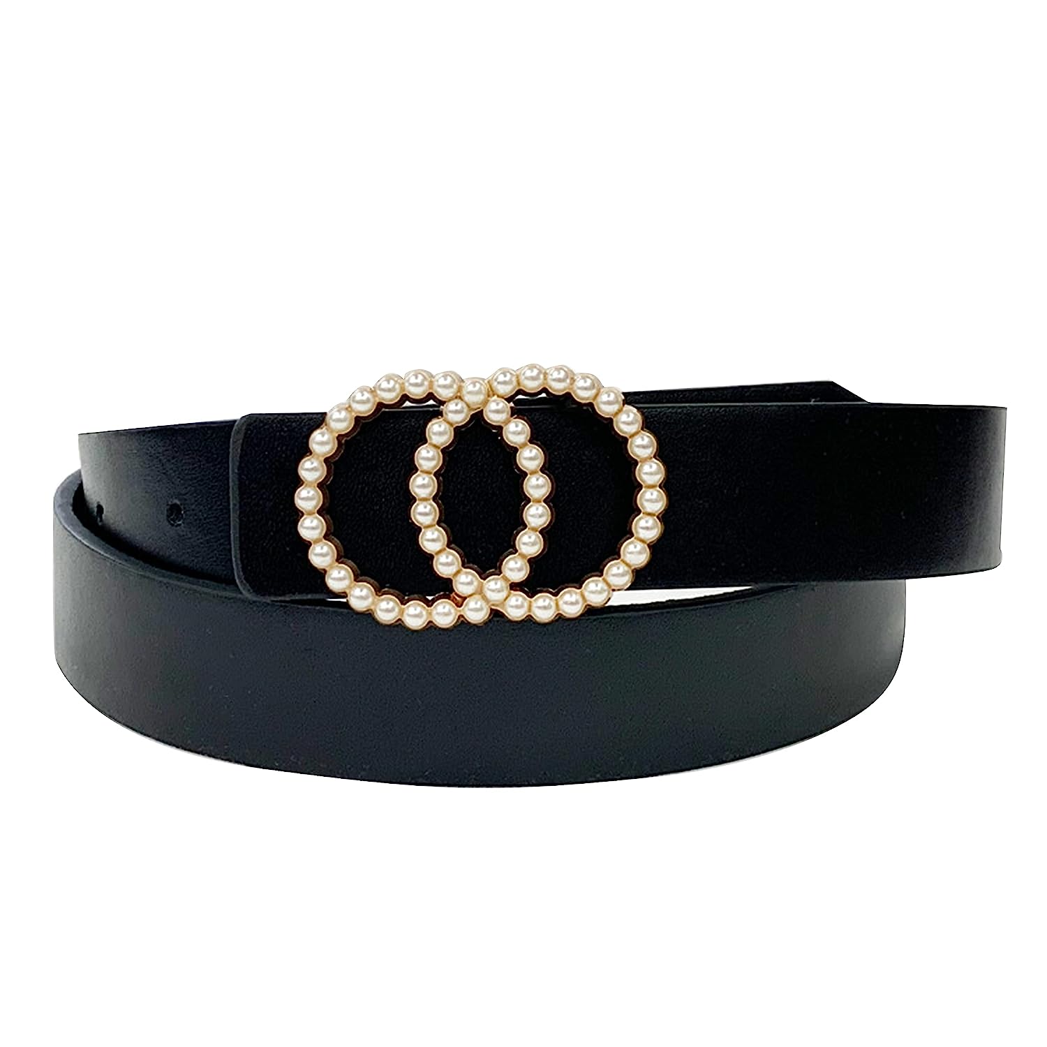 Pearl Studded Double Ring Design PU Leather Wide Belt for Women Dresses