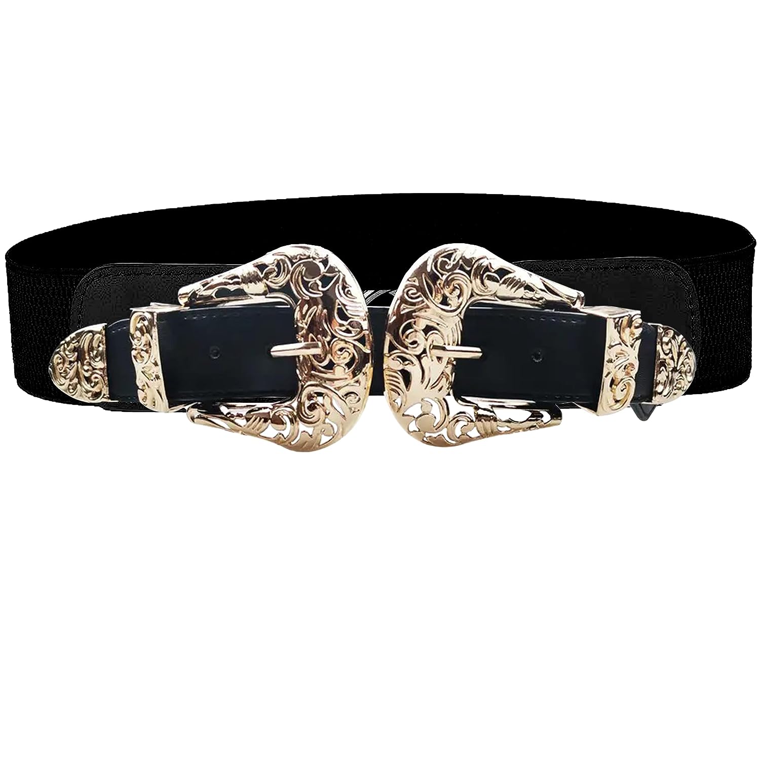 Double Buckle Design Elastic Fabric Wide Belt for Women Dresses