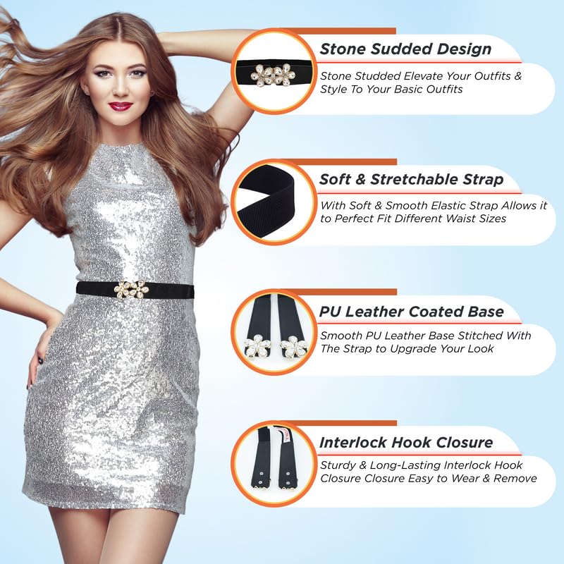 Floral Design Elastic Fabric Slim Belt for Women Dresses