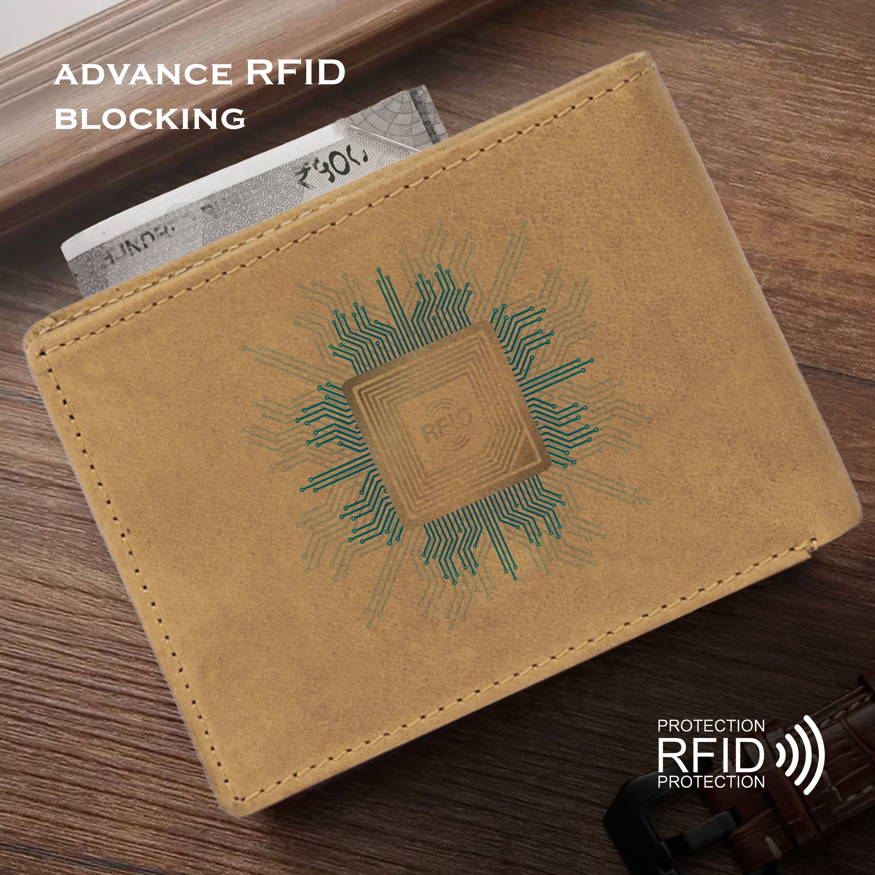 Men's leather wallet rfid protected slim wallet bifold wallet#color_tan