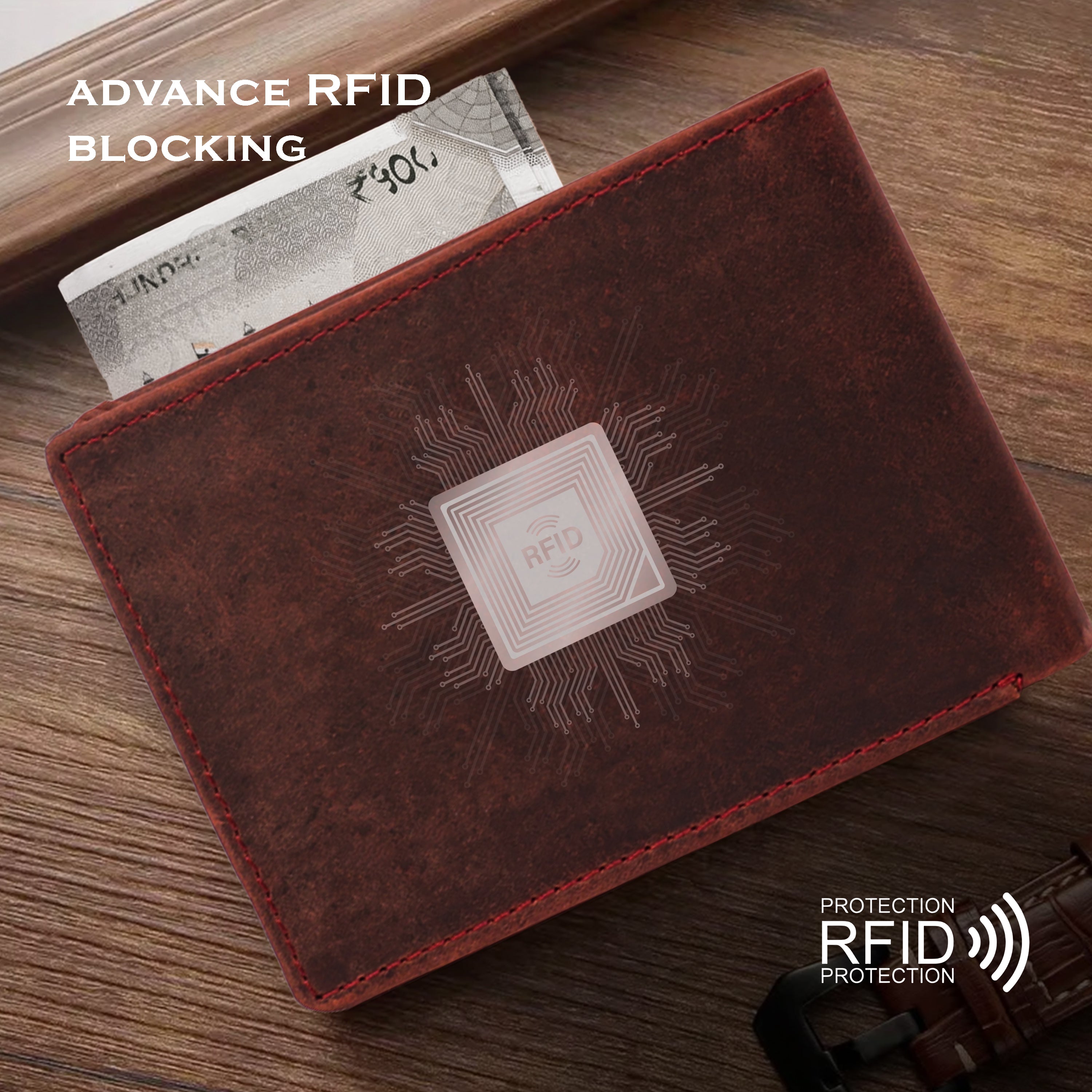 Men's leather wallet rfid protected slim wallet bifold wallet#color_maroon
