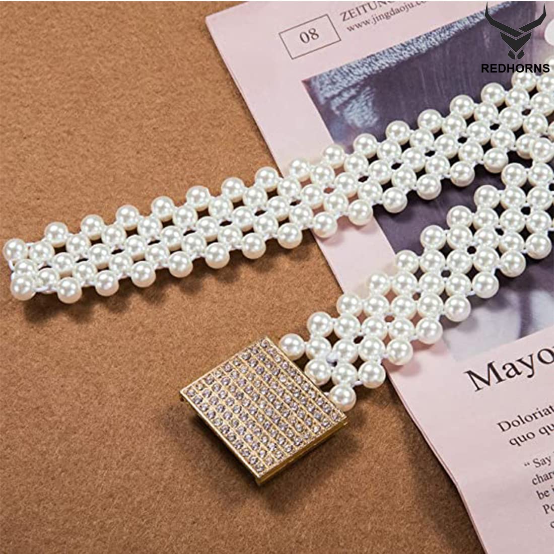REDHORNS Stone Studded Design Beaded Slim Belt for Women Dresses