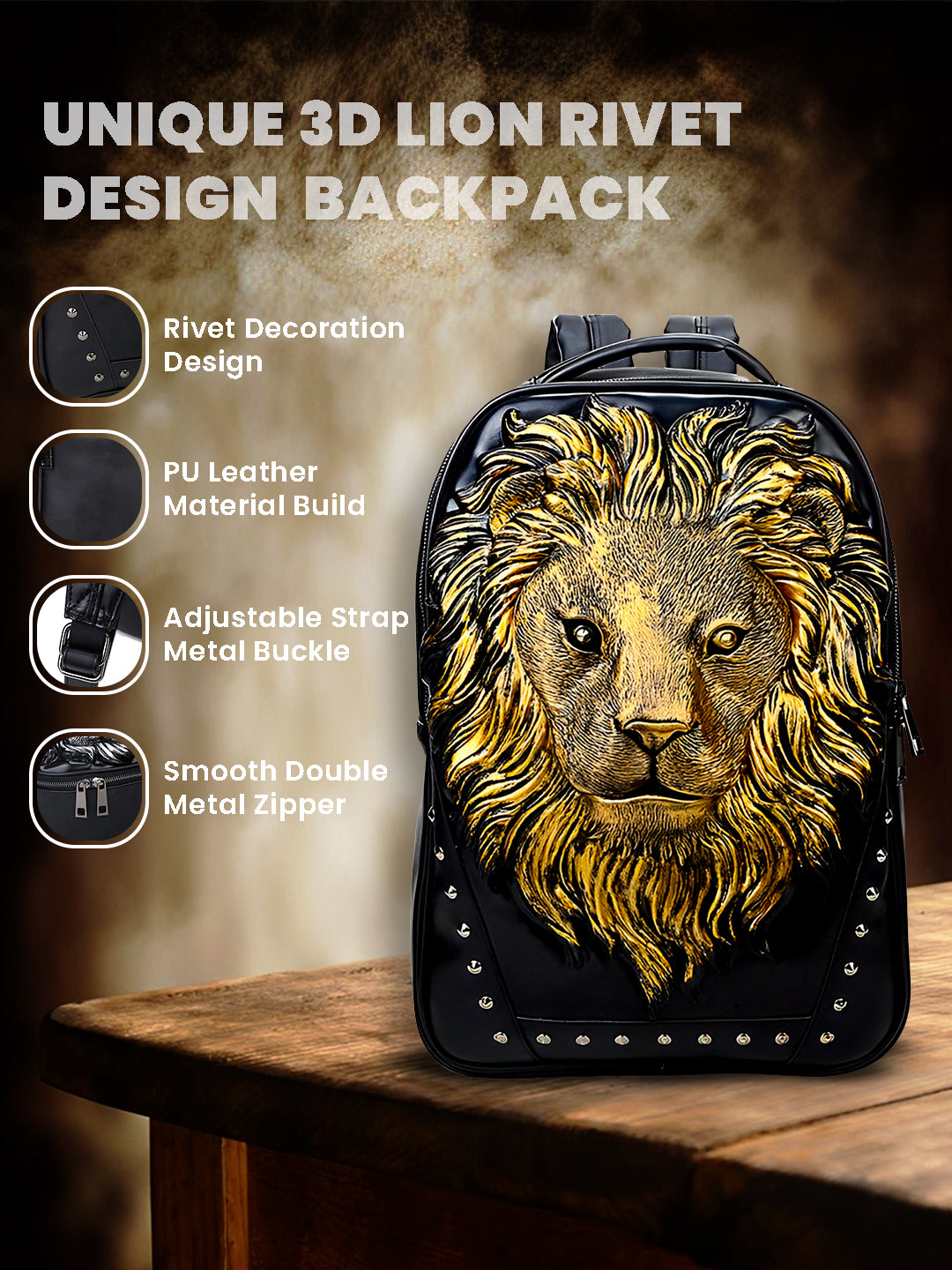 Lion face rivet backpack waterproof backpack#color_black