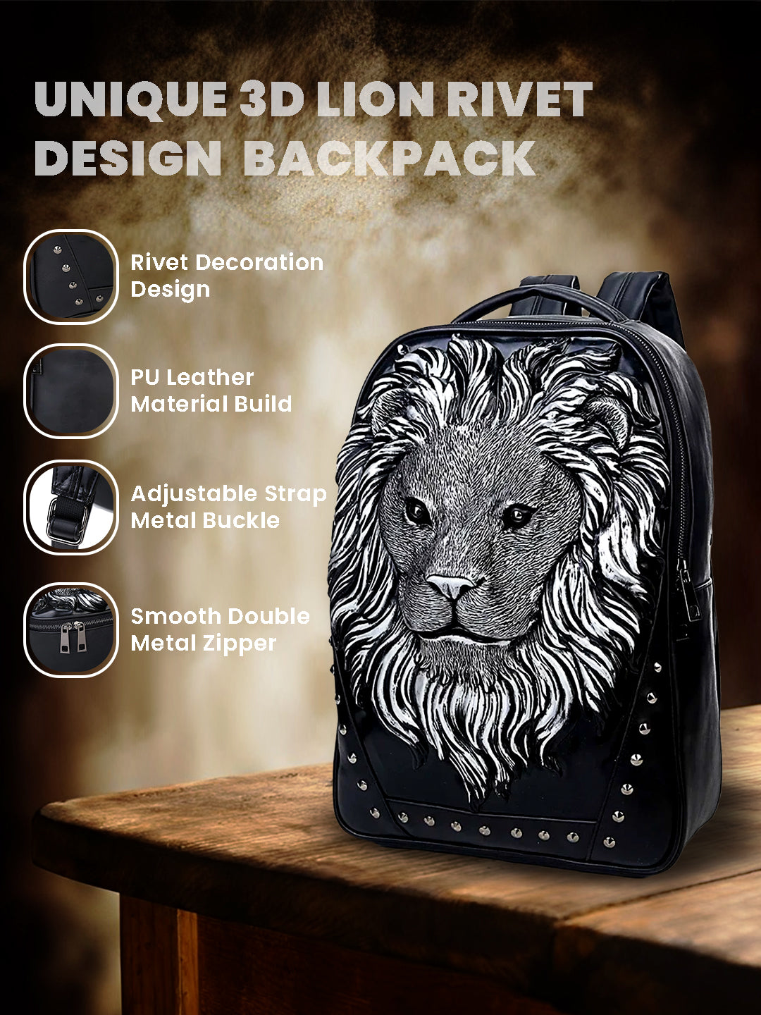 Lion face rivet backpack waterproof backpack#color_silver