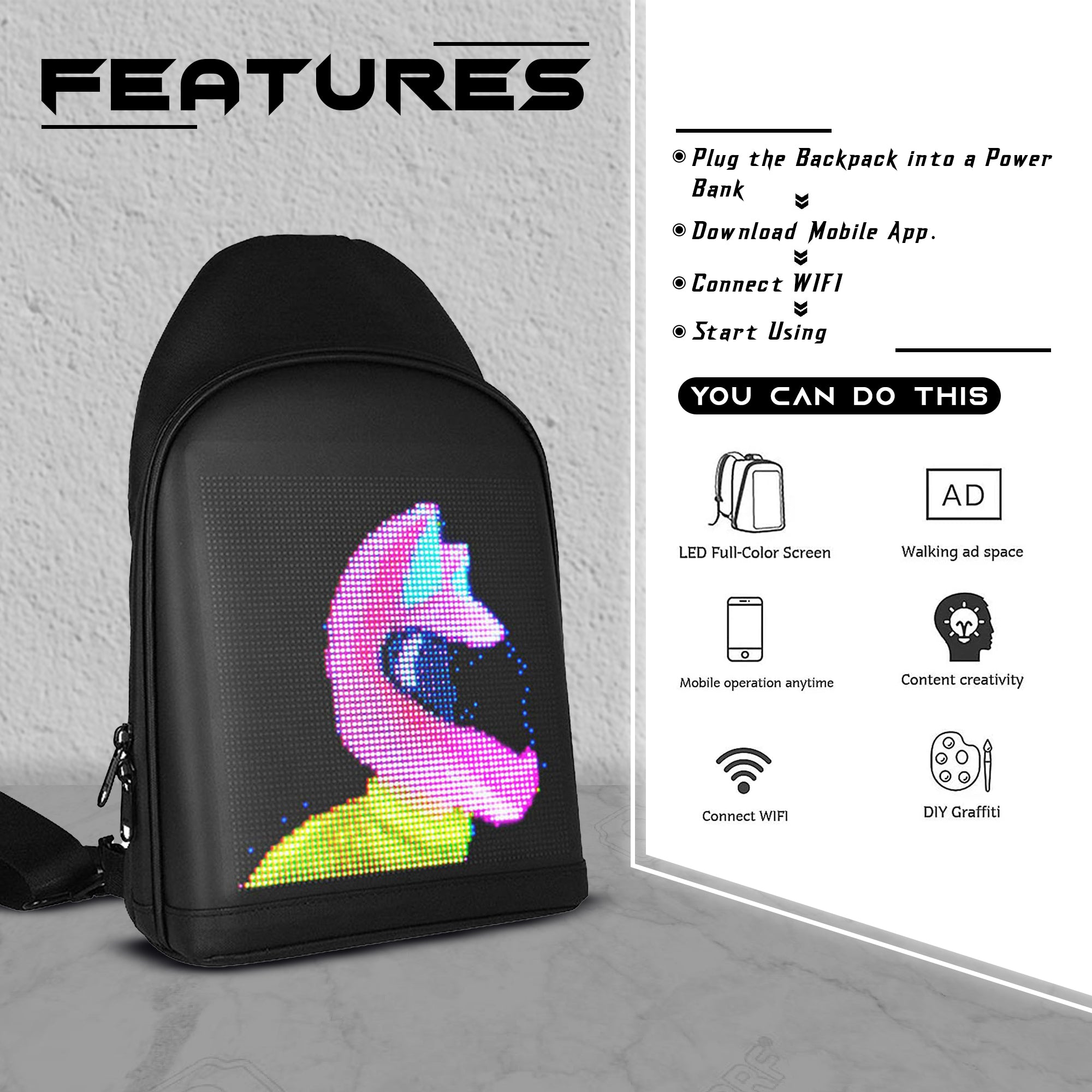 Waterproof Hard shell LED Screen Crossbody Sling Bag