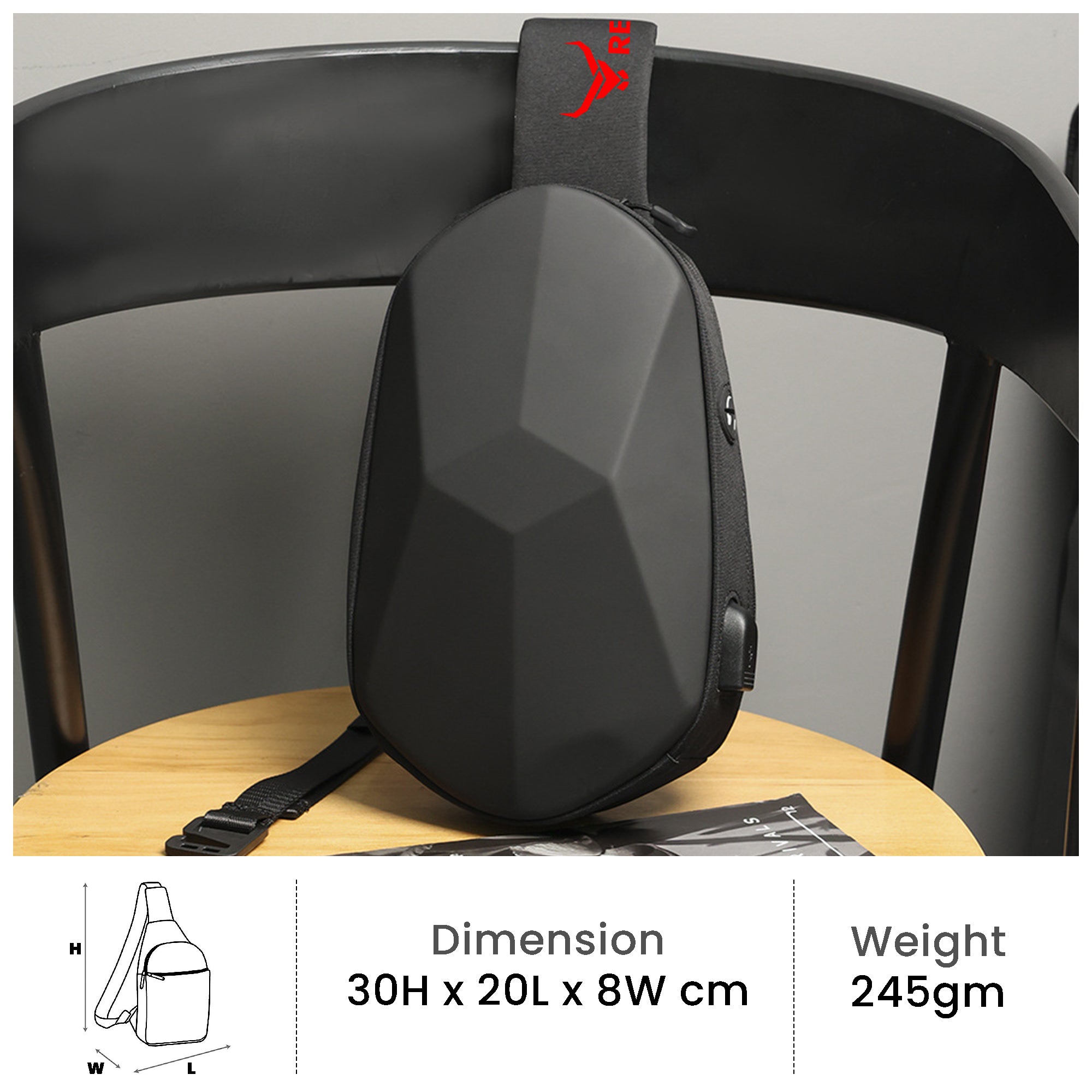 Waterproof crossbody sling bag usb charging adjustable strap#color_black