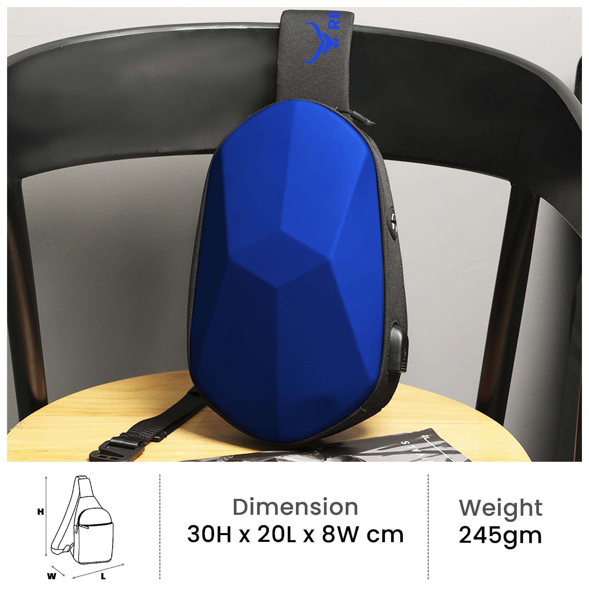 Waterproof crossbody sling bag usb charging adjustable strap#color_blue