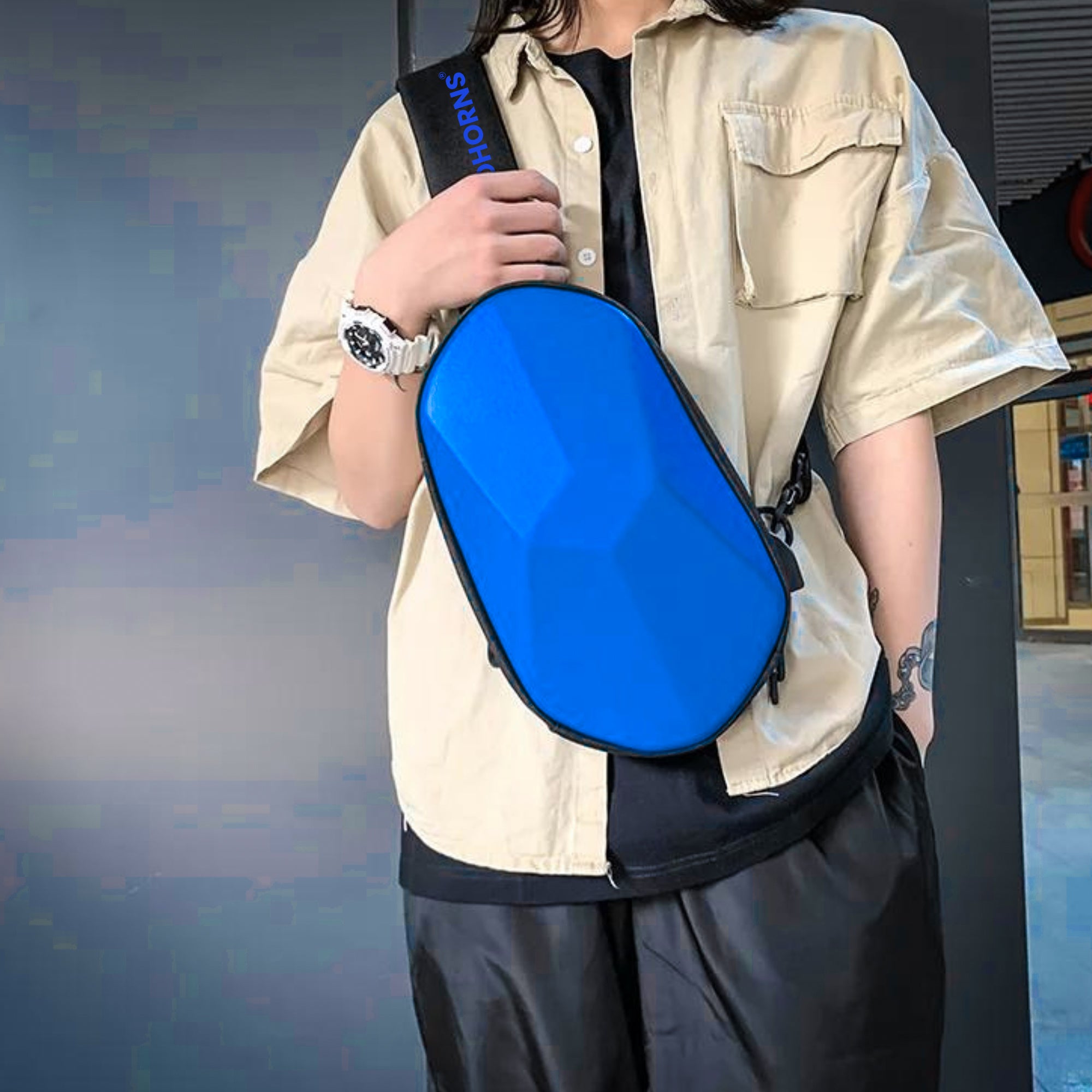 Waterproof crossbody sling bag usb charging adjustable strap#color_blue