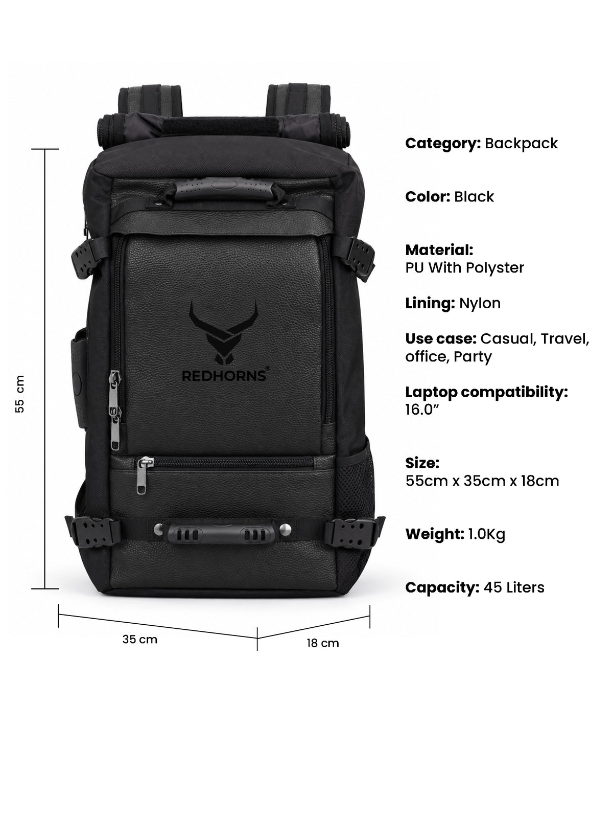 REDHORNS 40L Backpack - Black - detail