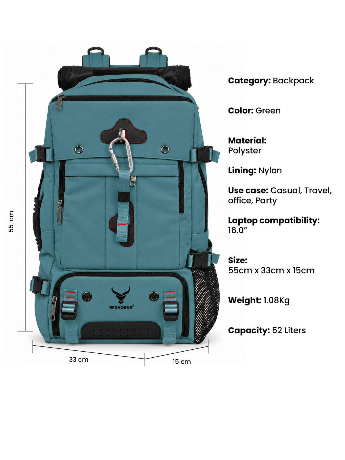 REDHORNS 52L Convertible Duffle Backpack - Dark Green - detail