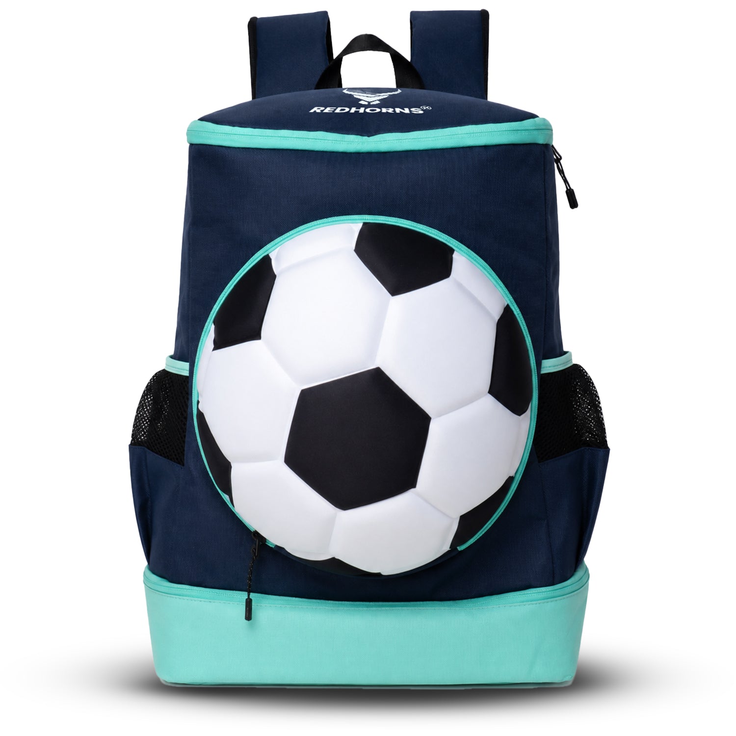 StrikePro 36L Football Backpack Navy Blue Green - front view