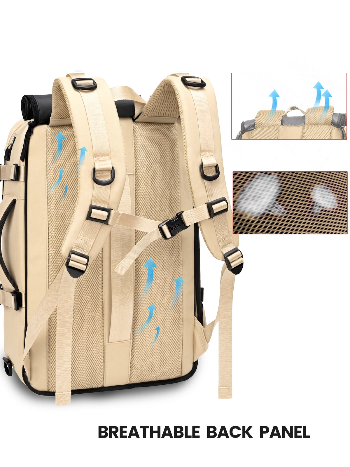 TriMode Voyager 30L 3-in-1 Travel Backpack - Beige breathable back panel