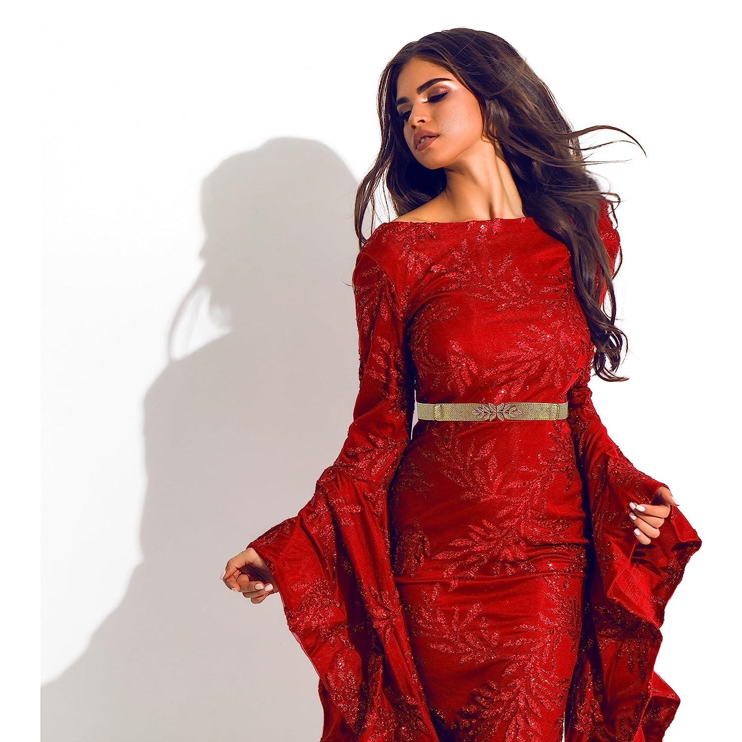 Leaf Design Ladies Elastic Belt#color_gold