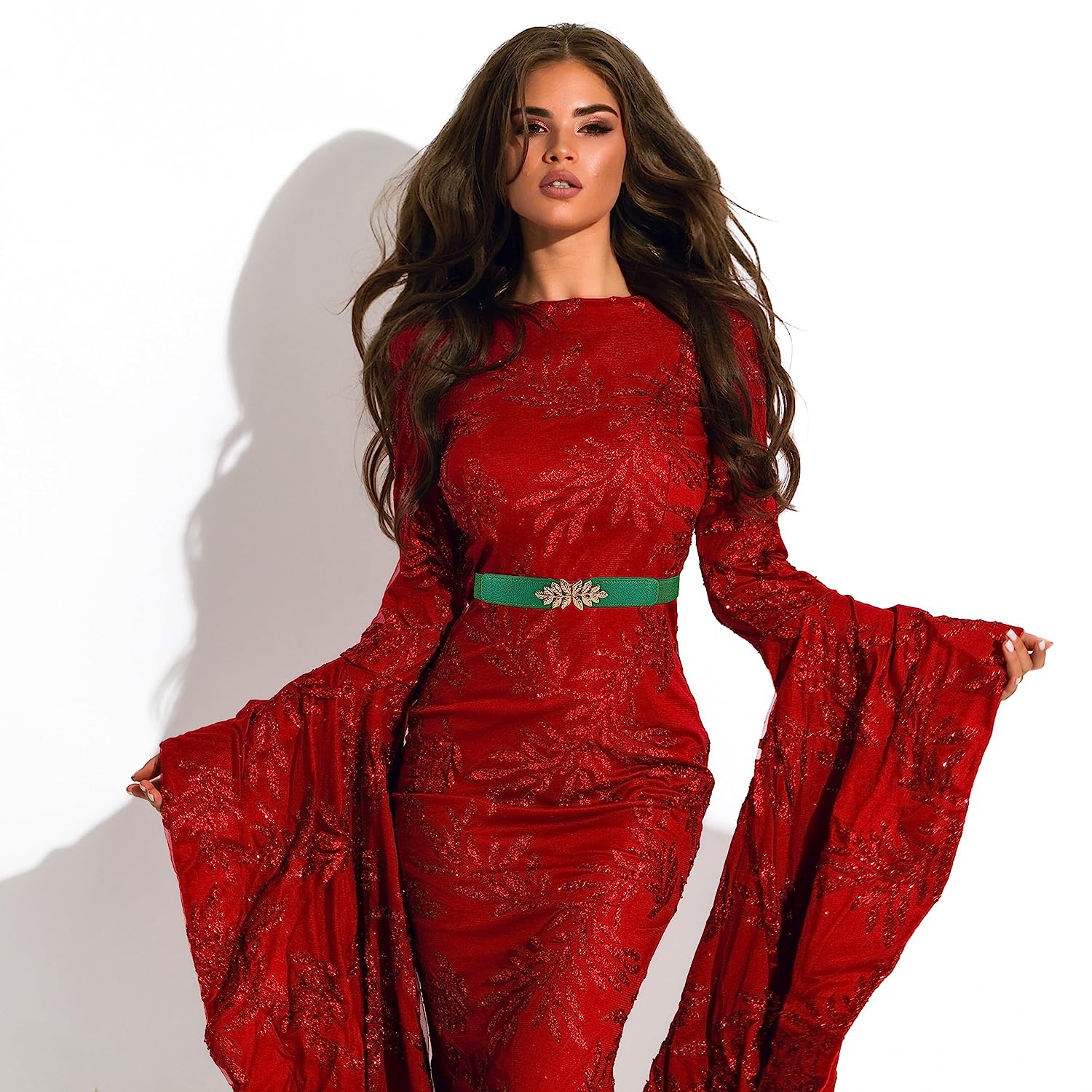 Leaf Design Ladies Elastic Belt#color_green