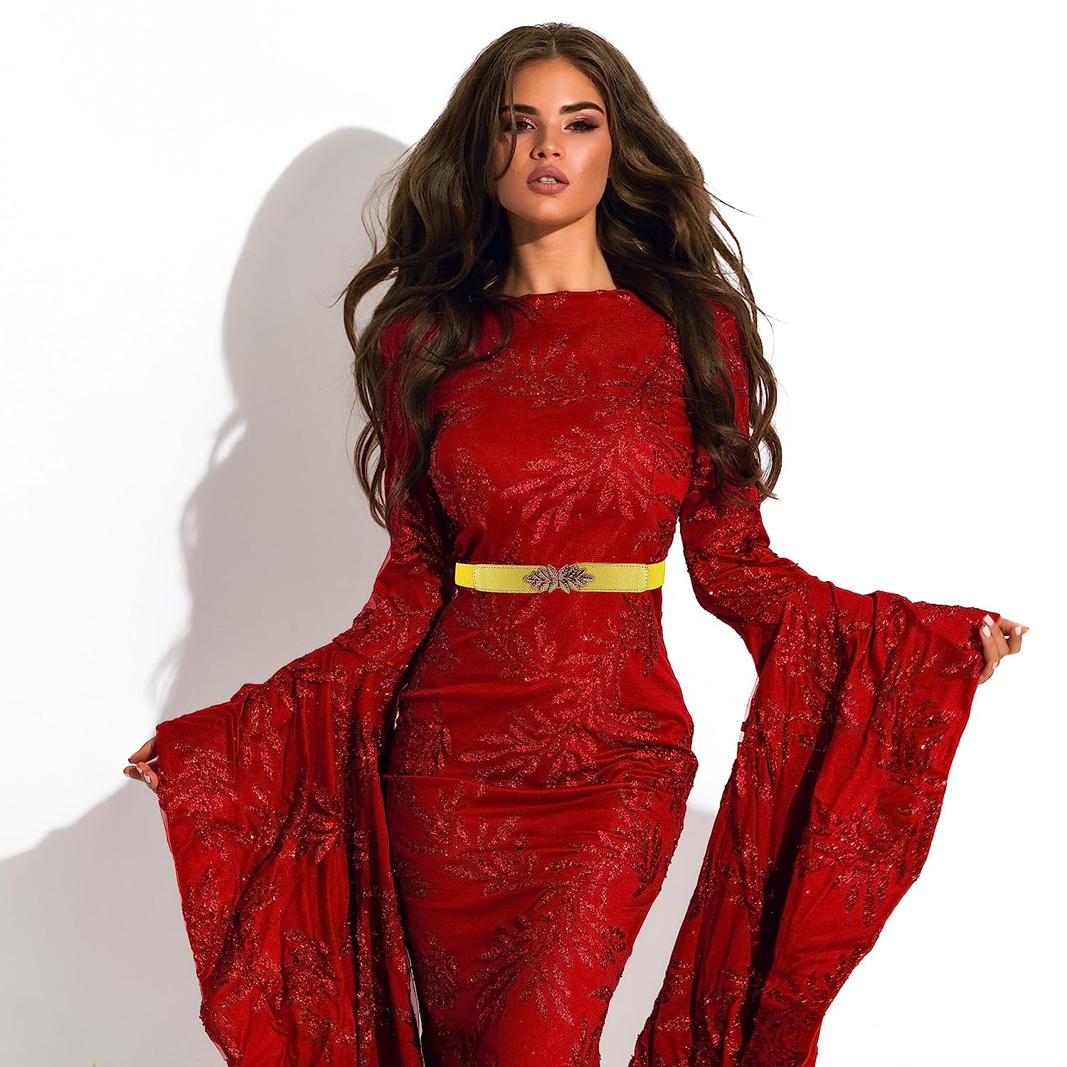 Leaf Design Ladies Elastic Belt#color_yellow