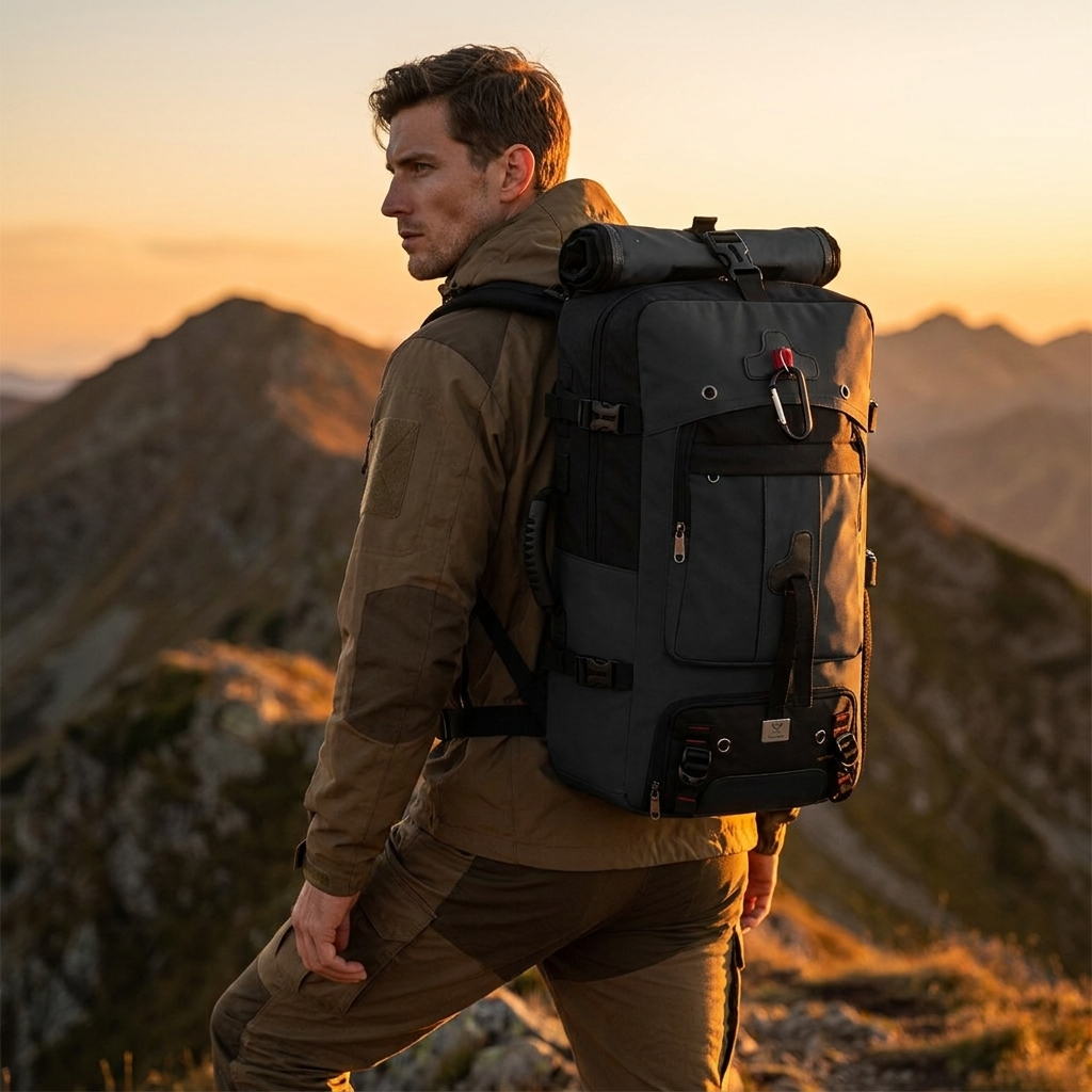 Model wearing TrailFlex 32L Convertible Hiking Backpack Black on mountain trail