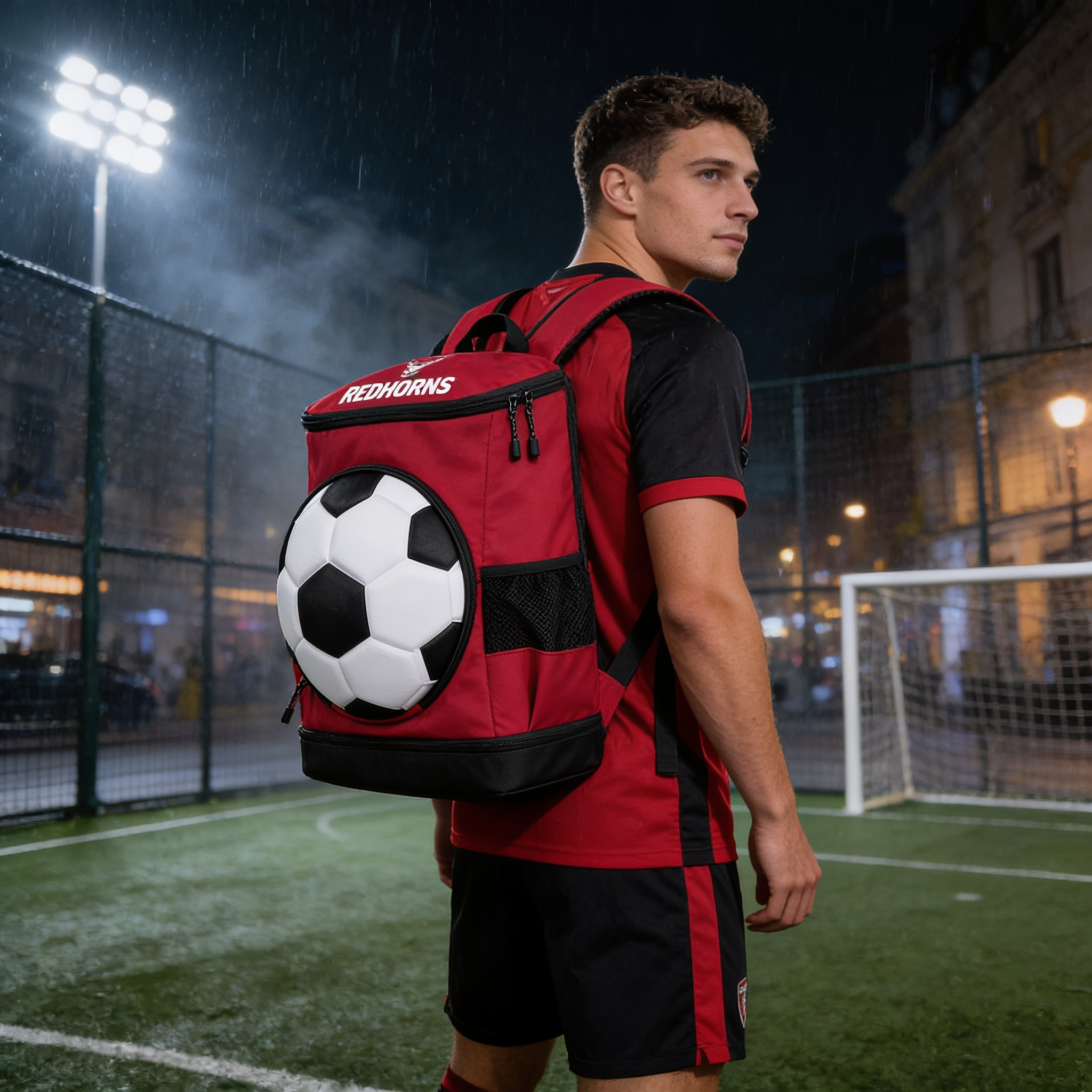 Footballer wearing StrikePro 36L Football Backpack Red Black at floodlit night street court