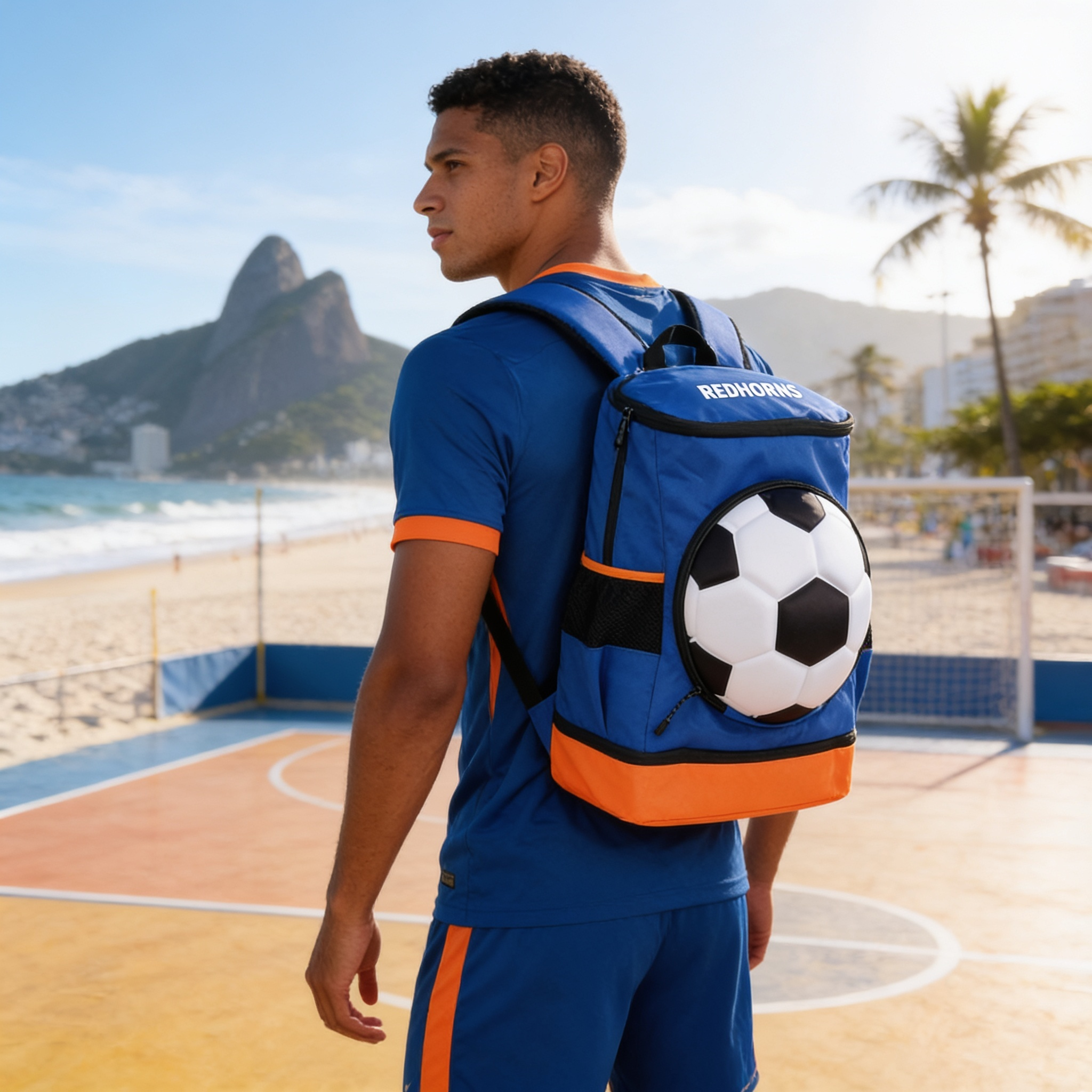Footballer wearing StrikePro 36L Football Backpack Blue Orange at Rio beach futsal court