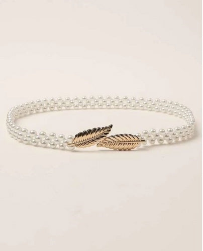 Leaf Design Beaded Slim Belt for Women Dresses