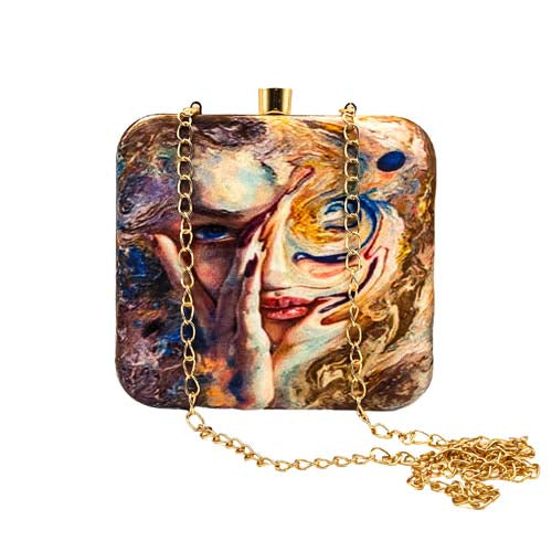 Abstract Girl Graphic Printed Multicolor Women's Clutch Bag With Detachable Sling Chain