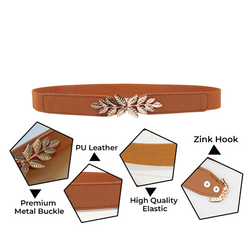 Leaf Design Ladies Elastic Belt#color_brown