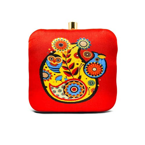 Abstract Owl Graphic Printed Red Women's Clutch Bag With Detachable Sling Chain