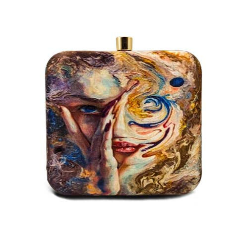 Abstract Girl Graphic Printed Multicolor Women's Clutch Bag With Detachable Sling Chain