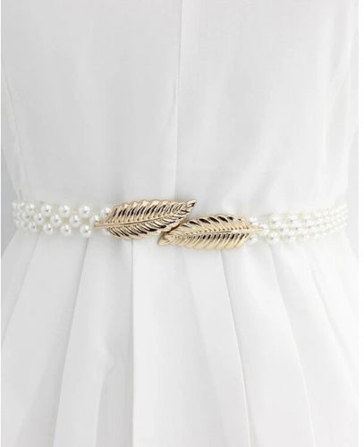 Leaf Design Beaded Slim Belt for Women Dresses