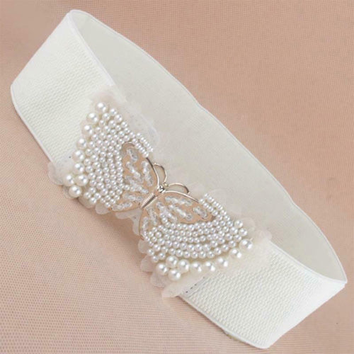 Butterfly Design Ladies Elastic Belt White#color_white