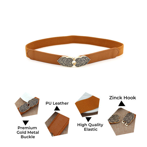 Floral Design Ladies Elastic Belt Brown#color_brown