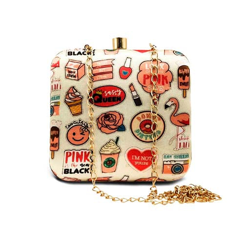 Travel Art Graphic Printed Multicolor Women's Clutch Bag With Detachable Sling Chain