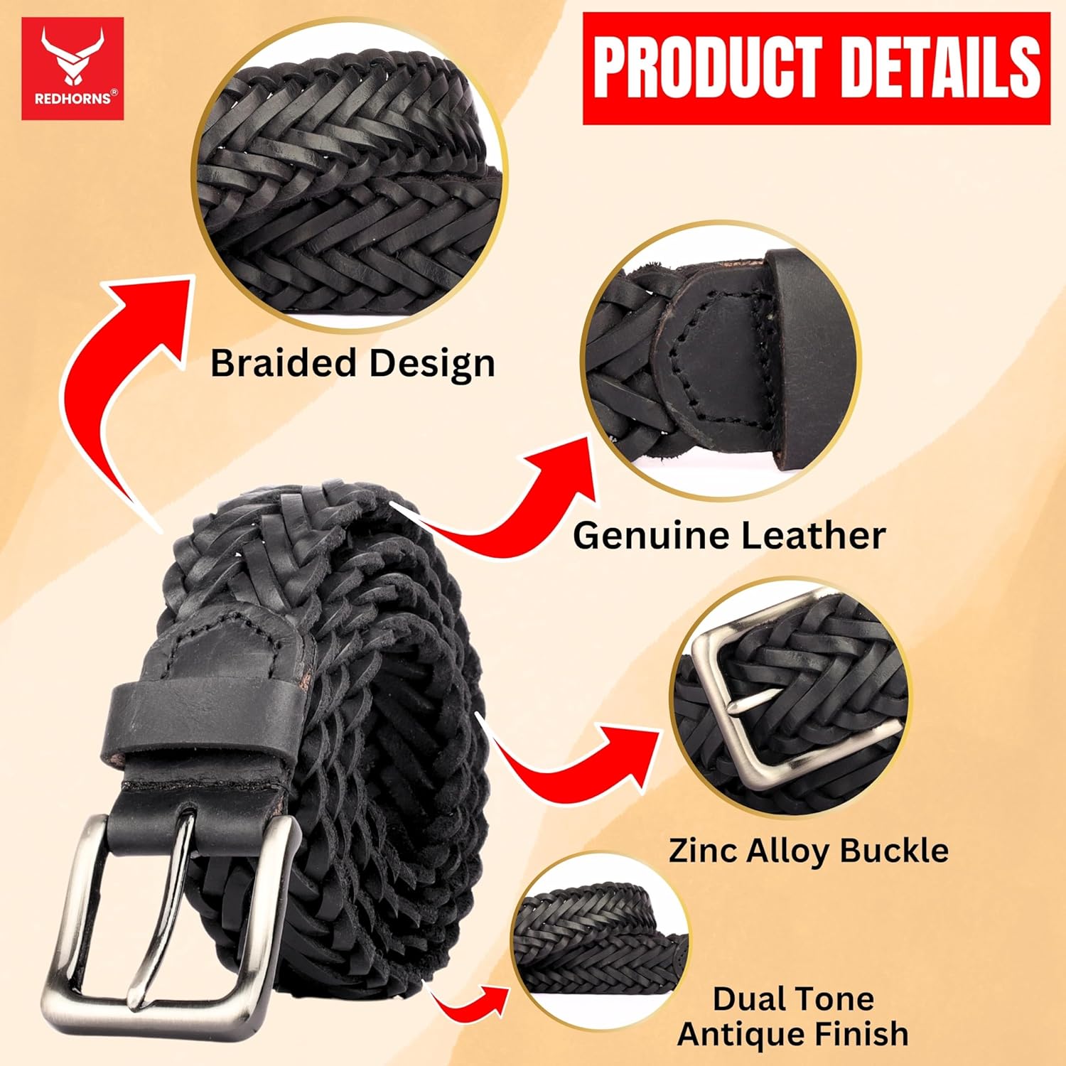 Redhorns Mens Genuine Leather Belt#color_black