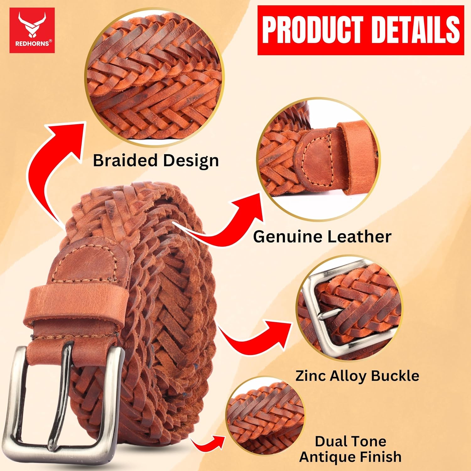 Redhorns Mens Genuine Leather Belt#color_tan