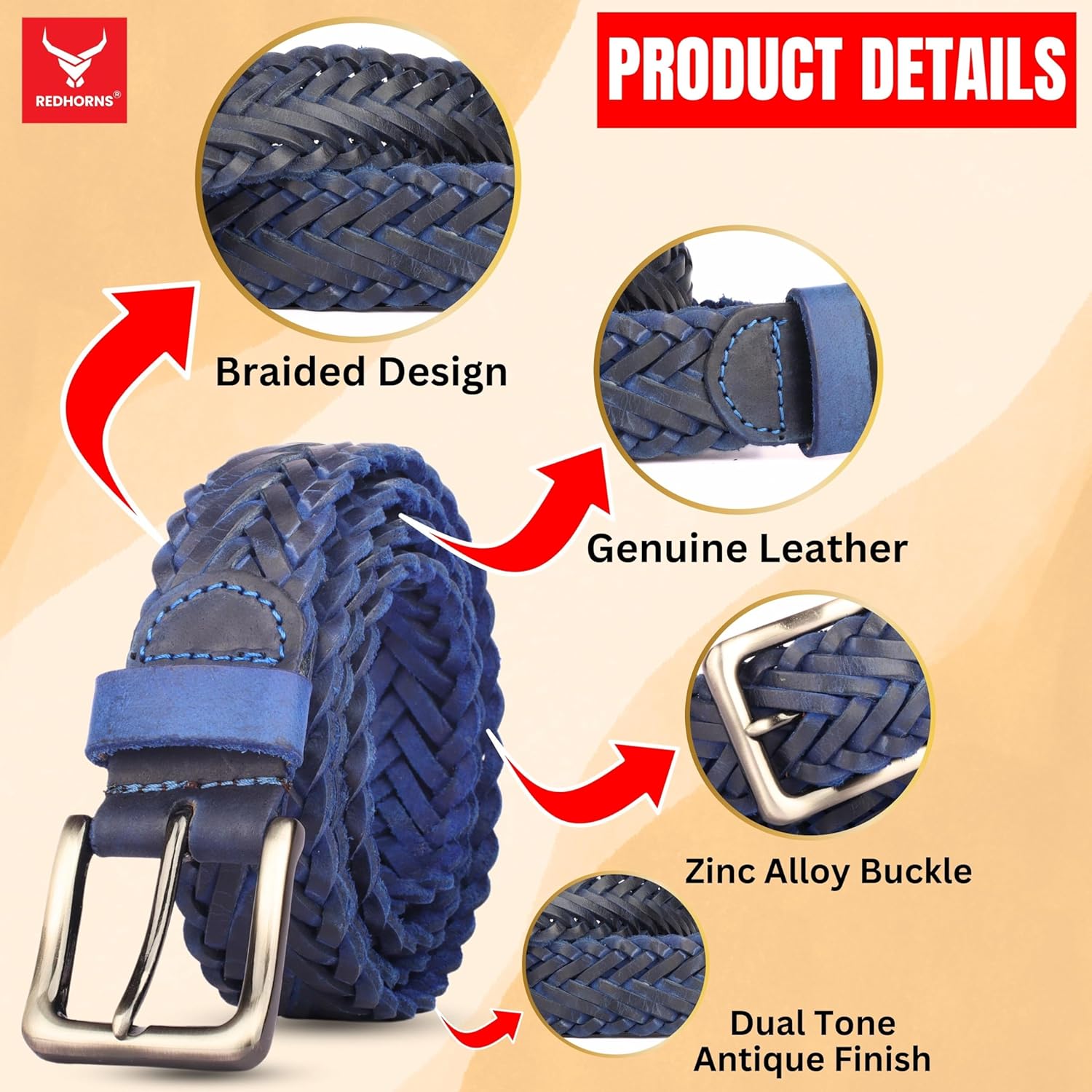 Redhorns Mens Genuine Leather Belt#color_blue