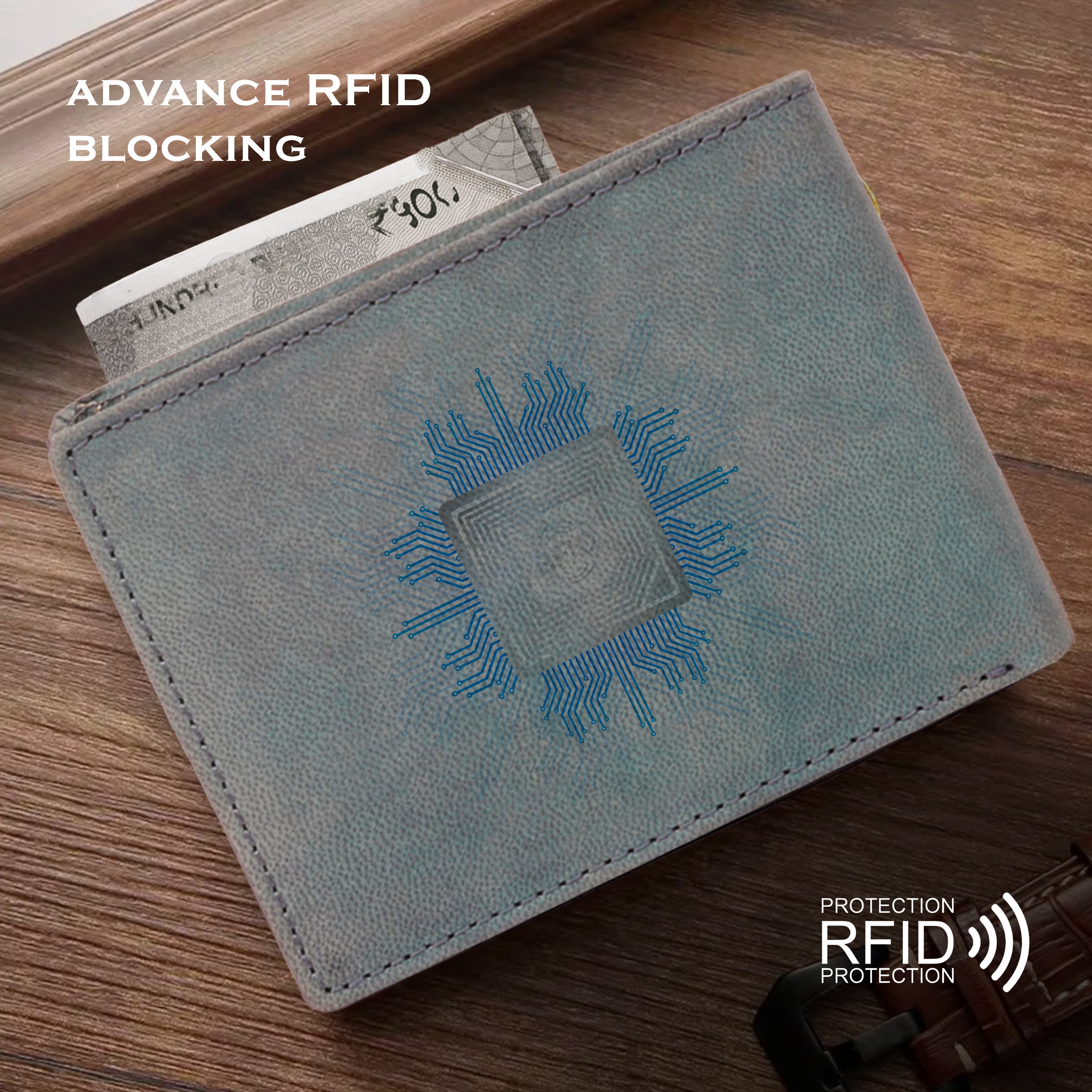 Men's leather wallet rfid protected slim wallet bifold wallet#color_blue