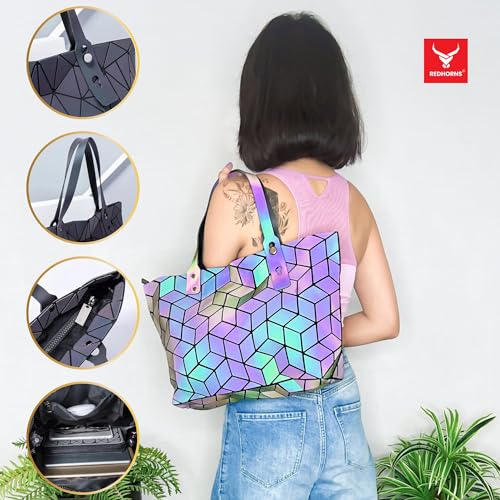 geometric holographic luminous handbag travel bag colour changing reflective tote bag lightweight crossbody bag rainbow pattern Redhorns