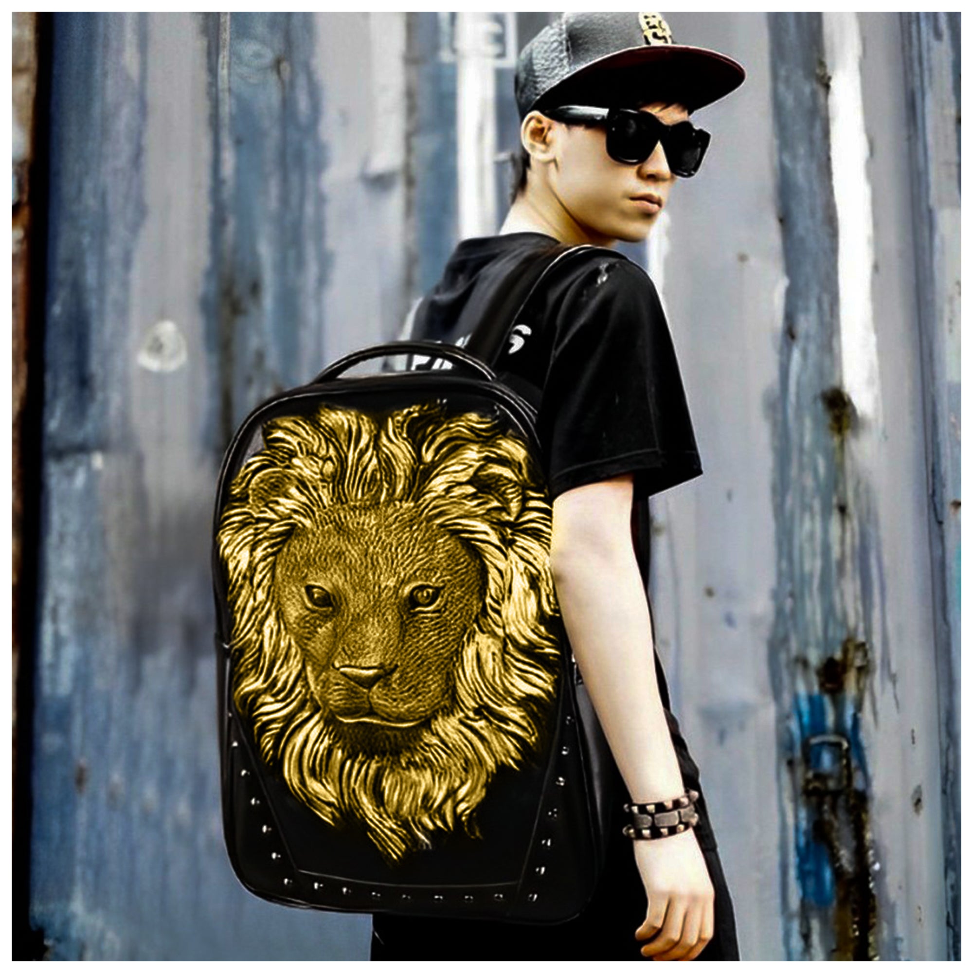 Lion face rivet backpack waterproof backpack#color_black