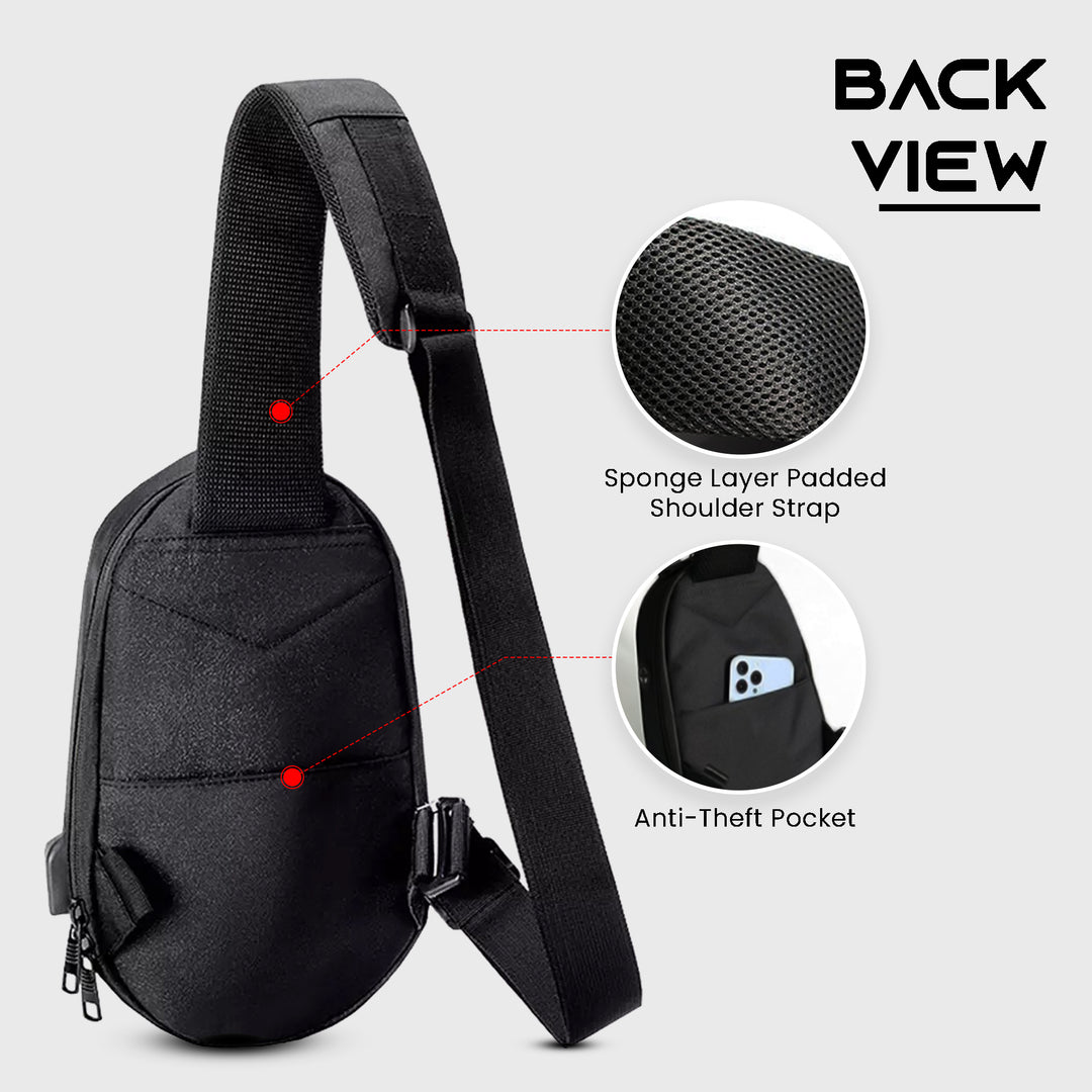 Waterproof crossbody sling bag usb charging adjustable strap#color_black