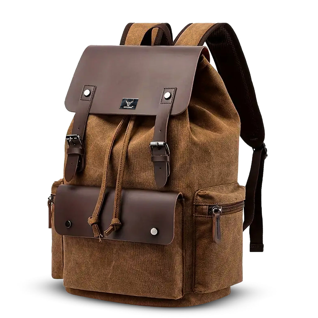 Brown backpack with leather accents on a white background