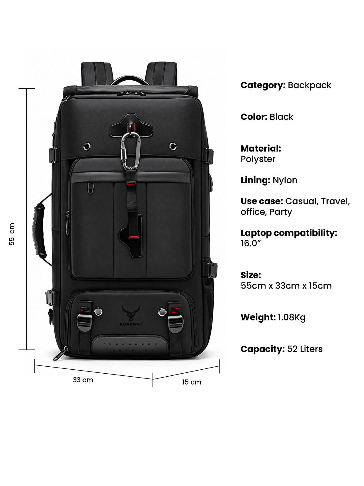 REDHORNS 52L Convertible Duffle Backpack - Black - detail