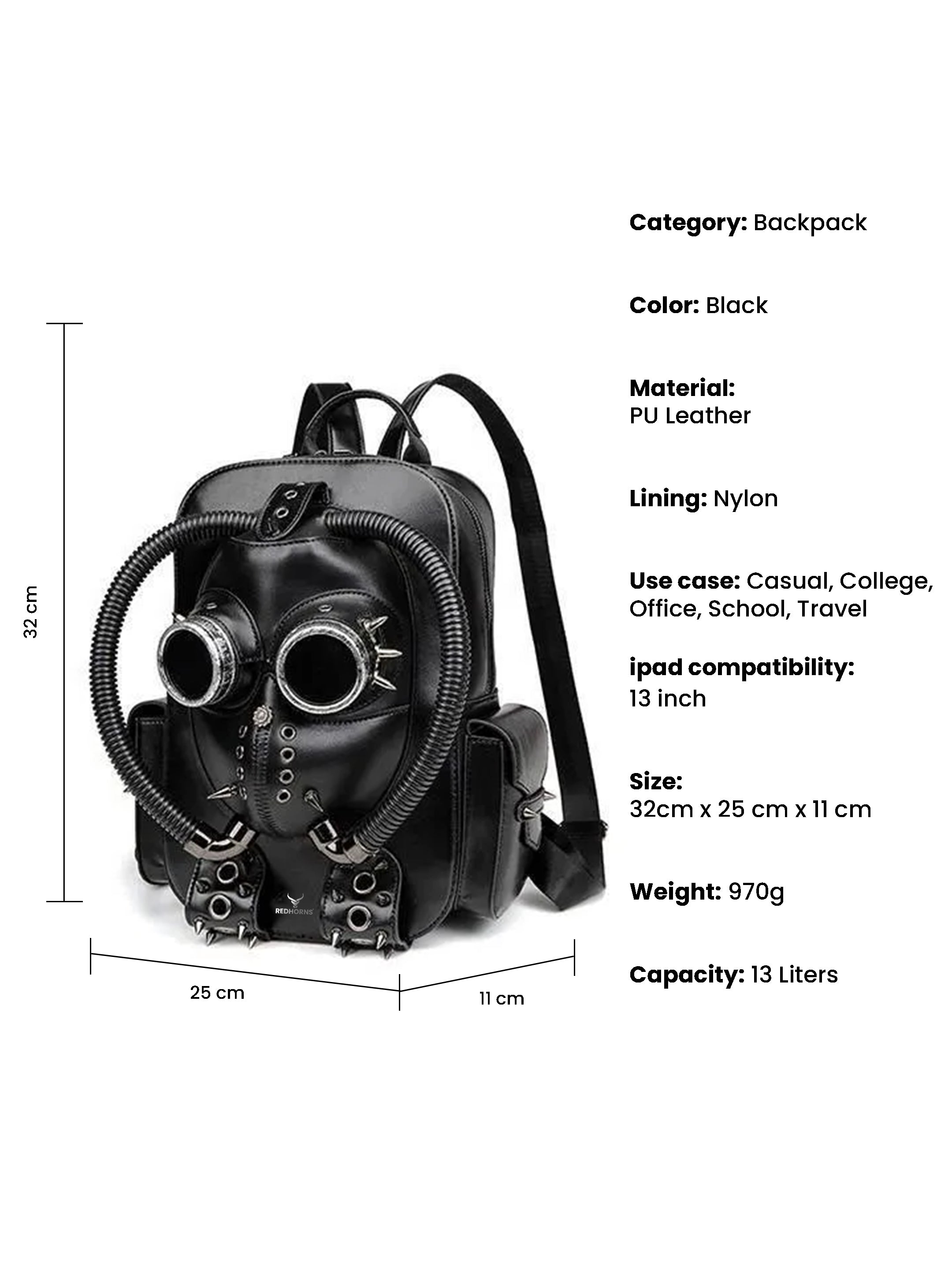 REDHORNS Gas Mask 13L Backpack - Black - compartments