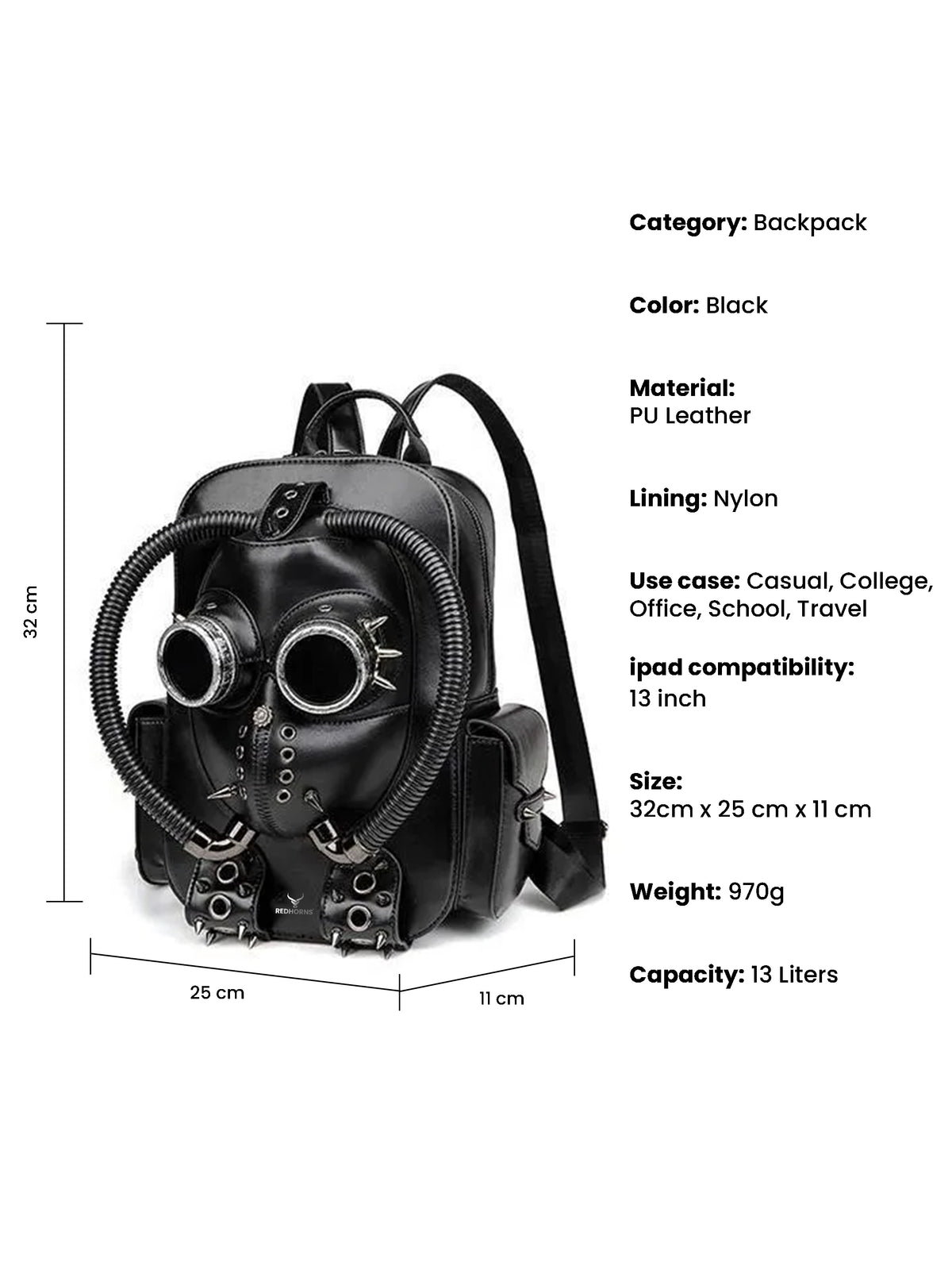 REDHORNS Gas Mask 13L Backpack - Black - compartments