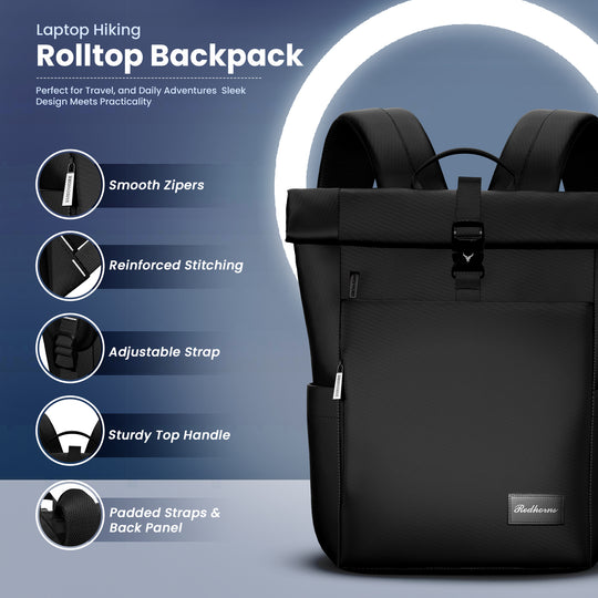 Rolltop backpack hiking travel backpack waterproof with laptop compartment#color_black