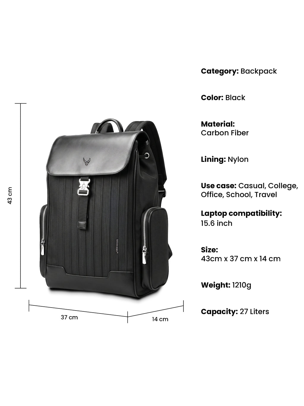 REDHORNS Carbon Fiber 27L Laptop Backpack - Black - compartments