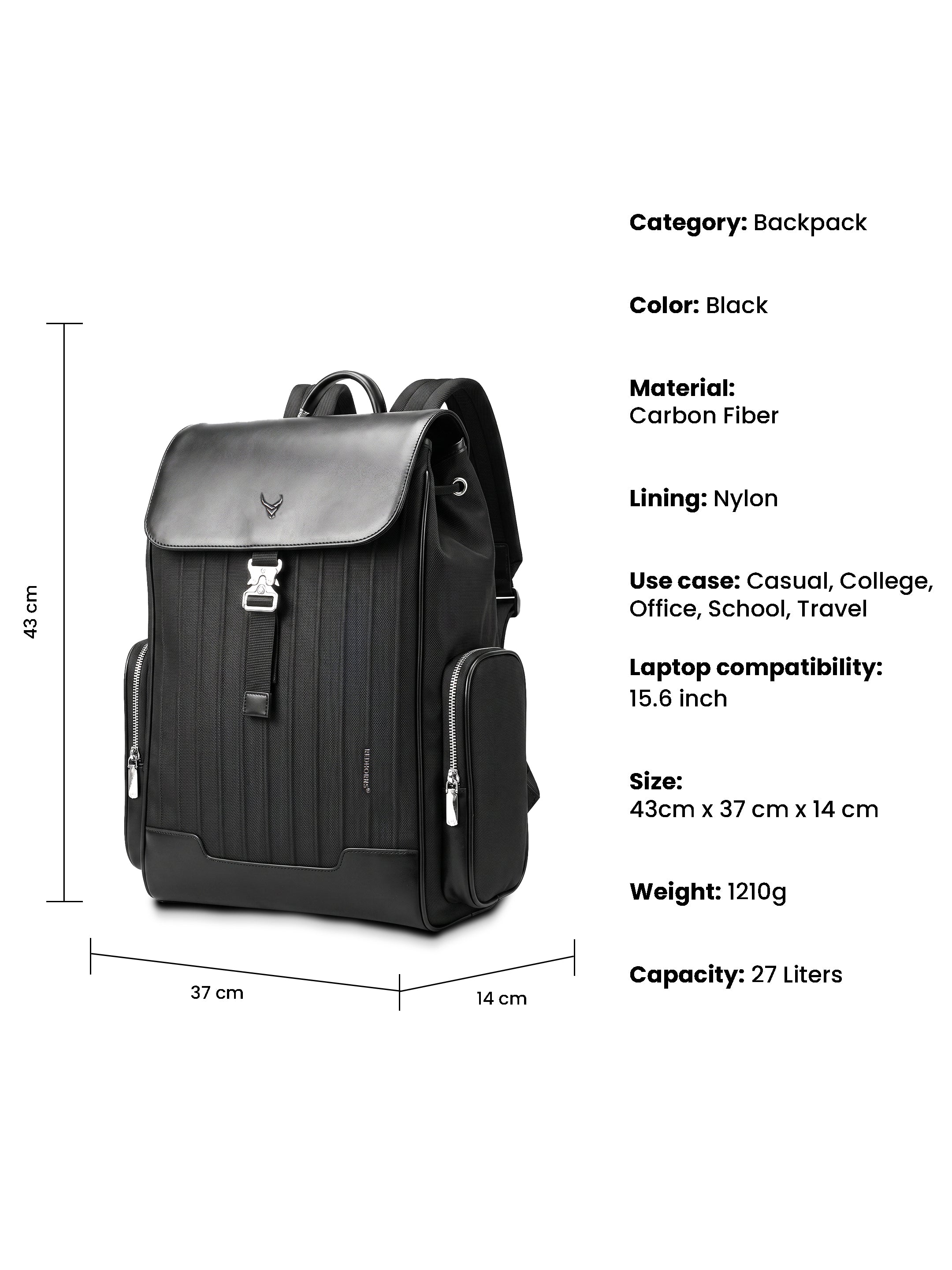 REDHORNS Carbon Fiber 27L Laptop Backpack - Black - compartments