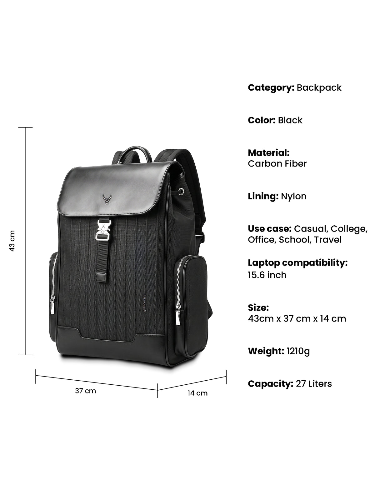 REDHORNS Carbon Fiber 27L Laptop Backpack - Black - compartments
