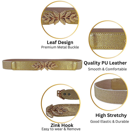 Leaf Design Ladies Elastic Belt#color_gold