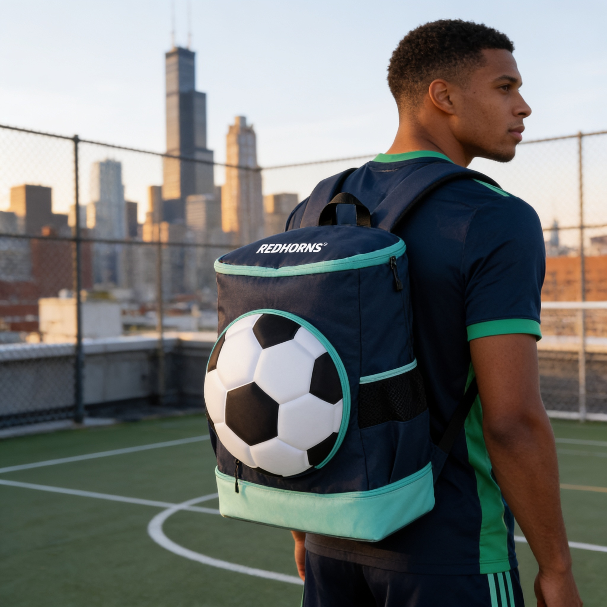 Footballer wearing StrikePro 36L Football Backpack Navy Blue Green on Chicago rooftop court
