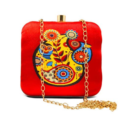 Abstract Owl Graphic Printed Red Women's Clutch Bag With Detachable Sling Chain