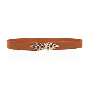 Leaf Design Ladies Elastic Belt#color_brown